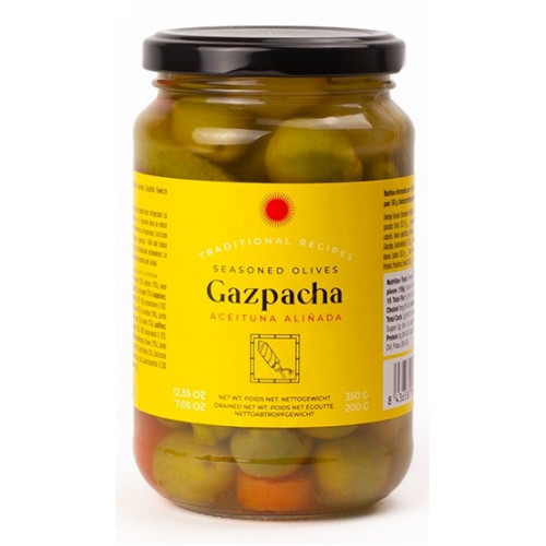 Zaļās olīvas ar  kauliņiem un dārzeņu piedevām “Gazpacha”, 370g