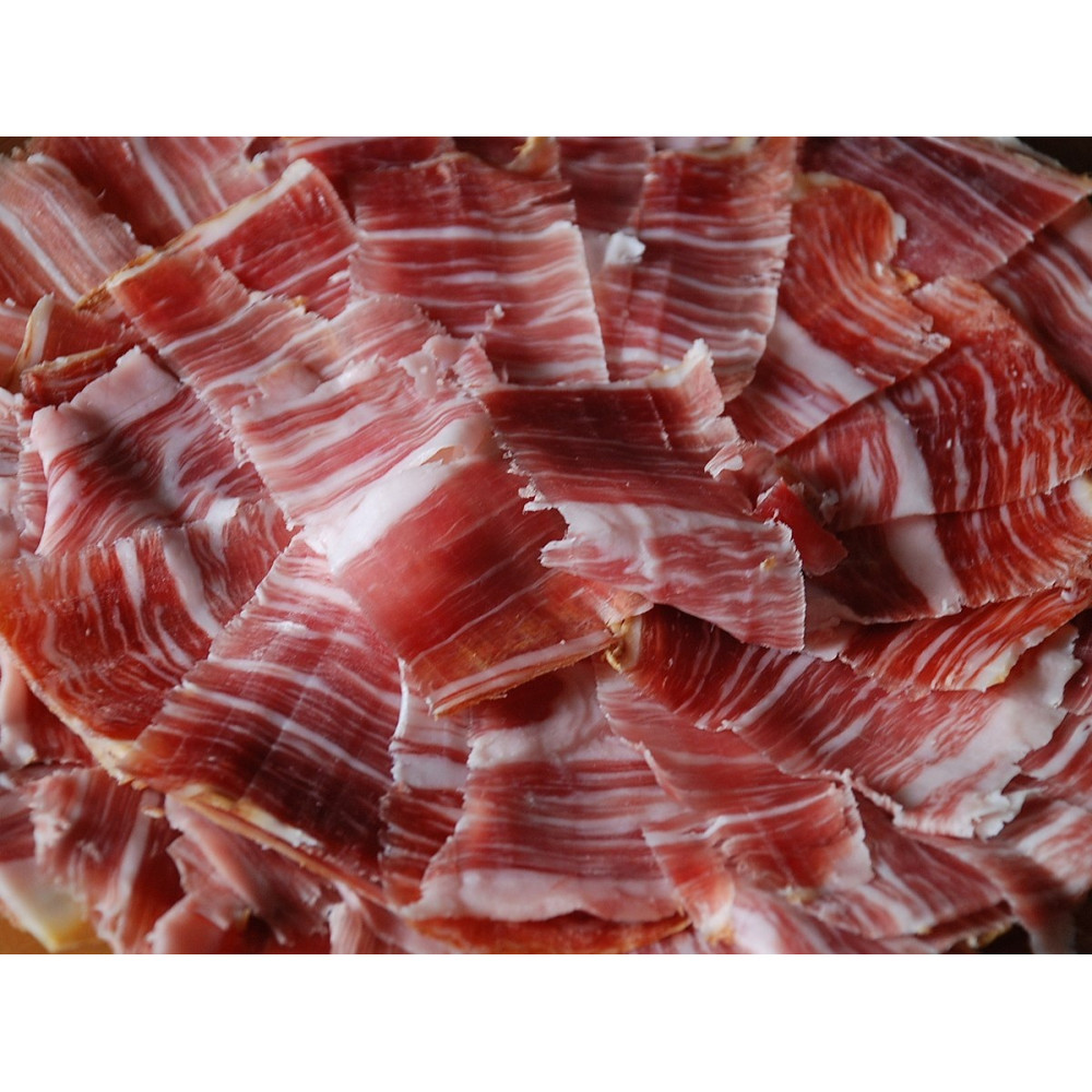 Vītināta cūkgaļa šķēlēs Jamon de Cebo Campo 100% Iberico (melna etiķete), 100g/gab (ar rokām griezts) (iepakota vakumā)